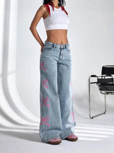 Novedad 2025 Para <span class=keywords><strong>Shein</strong></span>, Jeans Holgados de Pierna Recta con Bordado de Lazo, Explosión de Ventas Transfronteriza Estilo Europeo y Americano, Pantalones de Mezclilla Vintage Casuales - Product Image 4