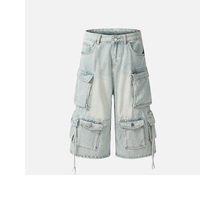 Pantalon en jean court délavé vintage pour femmes taille moyenne Style droit trois-quarts été Cargo Jeans poches tendance de la rue
