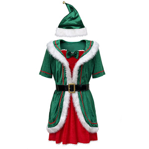 Disfraz de elfo navideño para mujer, vestido de terciopelo con sombrero y cinturón, traje sexy rojo y verde para fiesta navideña - Product Image 5
