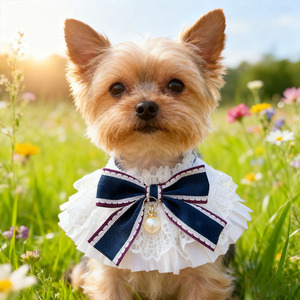 Lolita Dog Bib Knitted Pet <b>Scarf</b> Navy Blue Pink Lattice Pattern Bandana For Small Dogs Photo Props - Product Image 1