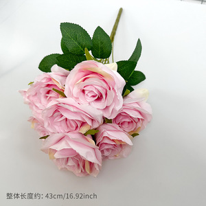 Ramo de Rosas Artificiales de 9 Cabezas, Flores de Seda de 43 cm de Altura, Simulación Realista, Decoraciones para Bodas - Product Image 3