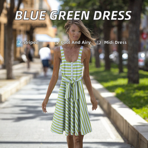 Robe midi tissée rayée verte et blanche à bretelles spaghetti, coupe trapèze, avec lien à nouer, décontractée, pour femme, idéale pour l'été - Product Image 2
