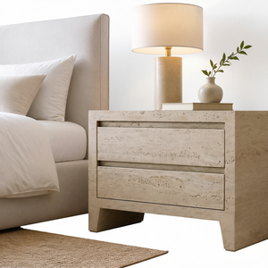 โต๊ะข้างเตียงหินธรรมชาติสไตล์โมเดิร์น RH รุ่น WYETH Travertine พร้อมลิ้นชัก 2 ช่องสำหรับเก็บของในห้องนอน - Product Image 1