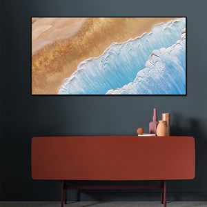 Pintura abstracta de paisaje de mar, hermoso paisaje pintado a mano de arena dorada y olas azules del océano, 100% - Product Image 4