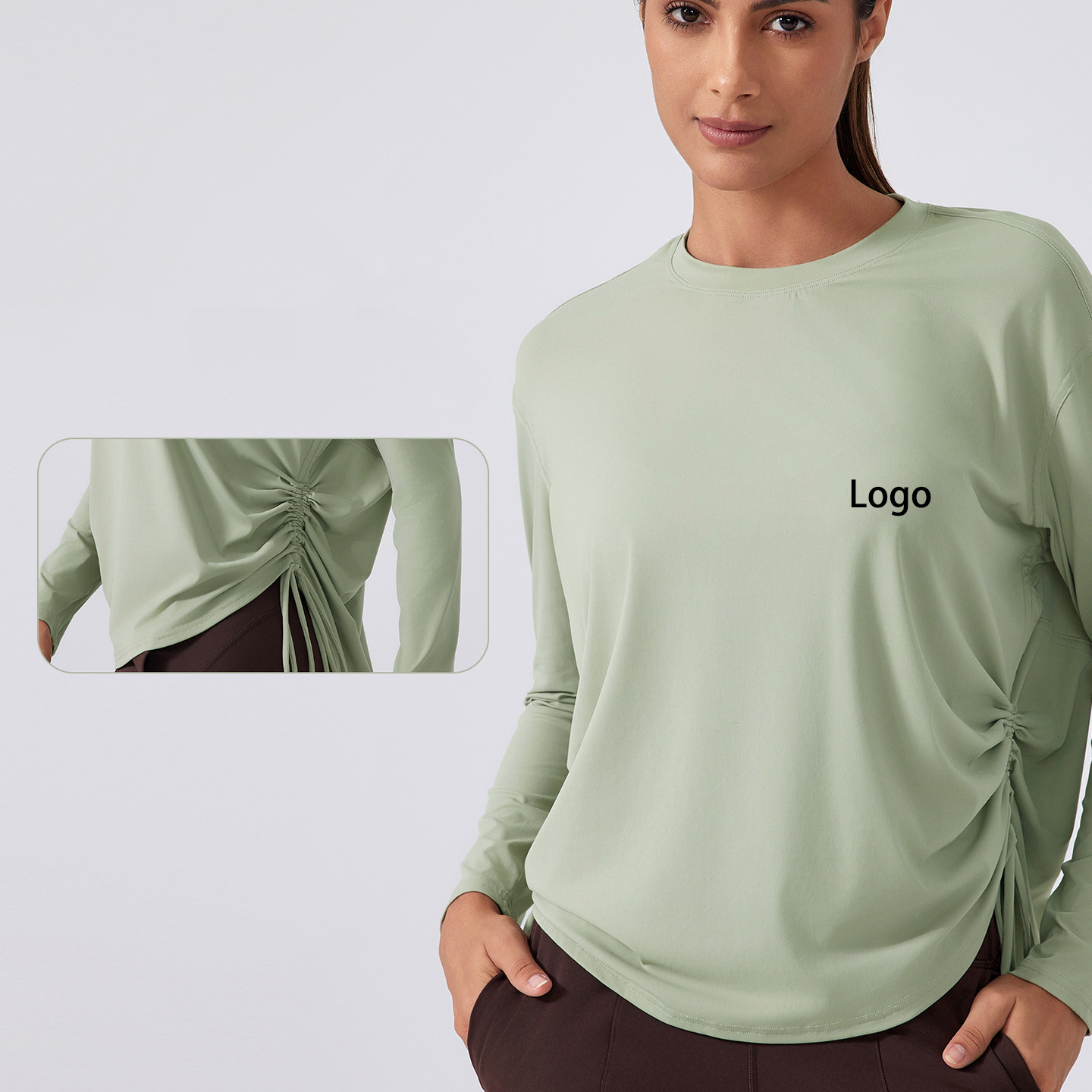 Custom Logo Fashionable Side Adjustable Drawstring Plus Size Long Sleeve Yoga Top Crew Neck Gym Shirt High Quality t Shirt Women