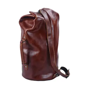 Vintage leather backpack men's large capacity cylindrical bag outdoor travel backpack mountaineering bag