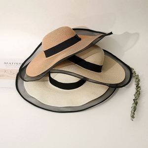 Zhejiang Wholesale Custom Mesh Trimmed Wide Brim Oversized <b>Straw</b> Visor <b>Hat</b> Beach <b>Hats</b> - Product Image 2