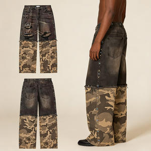 Pantalon en <span class=keywords><strong>jean</strong></span> noir délavé pour homme, coupe ample, jambe large, avec empiècements camouflage et strass, par Mean Jeans Denim - Fabricant de pantalons pour homme - Product Image 3