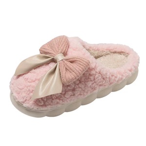 Chao Warm Plush <b>Slippers</b> With Bow Thick Soled Anti Slip Winter Home Indoor Use For Women And Men - Product Image 5