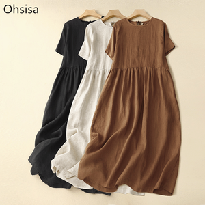 Ohsisa 2025 Nuovo <span class=keywords><strong>Abito</strong></span> Estivo in <span class=keywords><strong>Cotone</strong></span> Semplice ed <span class=keywords><strong>Elegante</strong></span>, Vestito Lungo Artistico con Scollo a O e Maniche Corte a Ampia Gonna - Product Image 1