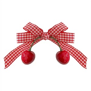 Sweet and charming Japanese and Korean style cherry fabric <b>bow</b> hair <b>clip</b> with double-layered lace and strawberry design. - Product Image 5