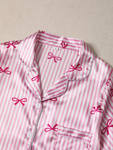Conjunto de Pijama Corto con Estampado de Rayas y Lazo para <span class=keywords><strong>Mujer</strong></span>, Acabado Satinado, Suave, Verano, Dos Piezas, Ropa de Dormir - Product Image 5