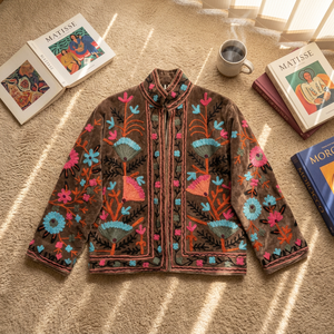 Chaqueta Bomber Floral Acolchada de Terciopelo Bordado con Cuello Mandarín, Manga Larga, Estilo Bohemio Hecho a Mano, Ropa de Otoño para Mujer, Nailon - Product Image 1