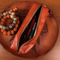 Étui à crayons en cuir pleine fleur tanné végétal, pochette de rangement pour stylos avec fermeture éclair perlée, sac de papeterie portable grande capacité, trousse à stylos