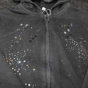 Men's Gray Rhinestone Hooded Zip-Up Sweatshirt Oversized Casual Autumn Wear 100% Cotton Vintage Washed Hoodie for Men - Product Image 4