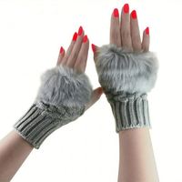 Gants d'hiver pour femme, gants sans doigts, mitaines en fausse fourrure avec pompon, gants tricotés L0003