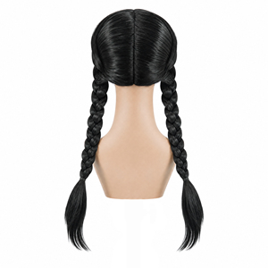 <span class=keywords><strong>Perruque</strong></span> Wednesday Addams noire à double tresses avec frange, <span class=keywords><strong>perruque</strong></span> synthétique pour femmes, costume de cosplay d'Halloween - Product Image 4