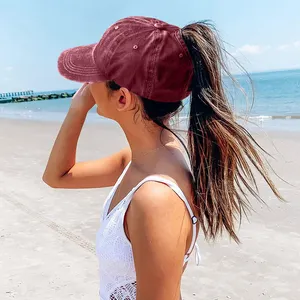 Womens cổ điển rửa đau khổ bóng chày mũ với cao ponytail lỗ thể thao Golf hat mặt trời bảo vệ ponycaps Retro cap