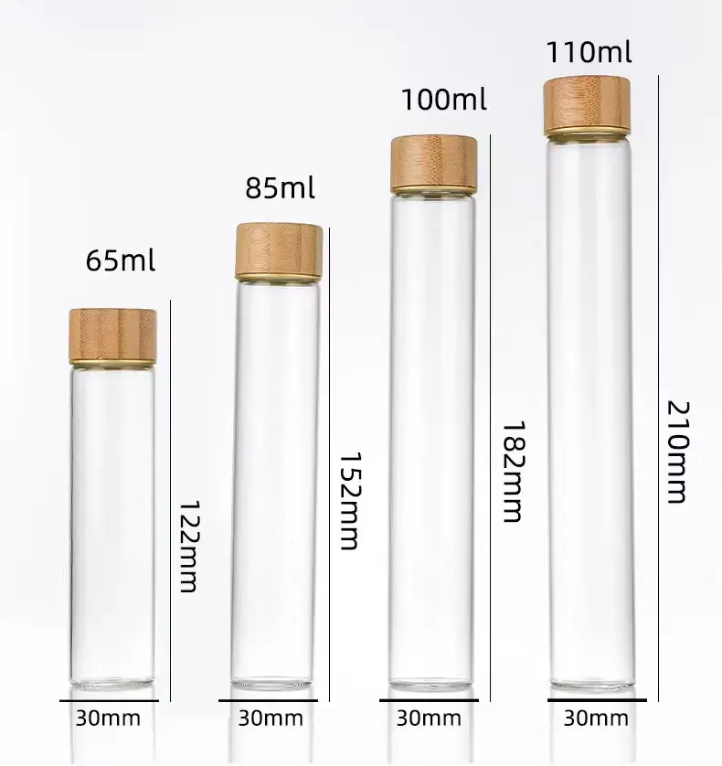 Wholesale 30mm flat bottom borosilicate glass test tube sample bottle with bamboo screw lid