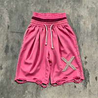Shorts surdimensionnés personnalisés style Côte Ouest pour hommes, rose vif, double taille, strass, effet usé, style punk streetwear