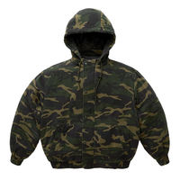 Veste pour homme personnalisée avec imprimé camouflage intégral, en sergé de coton, capuche amovible, doublure matelassée épaisse, fermeture à boutons et à glissière bidirectionnelle