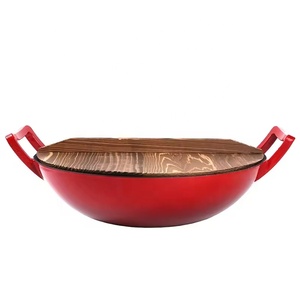 High Quality Big Size <strong>Non</strong> <strong>Stick</strong> 36cm Enamel Cast Iron <strong>Wok</strong> Pan With Wooden Lid - Product Image 5