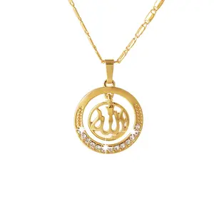 Oro/plata tono redondo Allah Mashallah en árabe colgante collar islámico religioso colgante collar