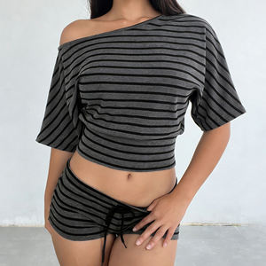 Women's Gray Stripe Sexy Bodycon Two-Piece Asymmetrical Off-Shoulder Crop Top and Drawstring Shorts <b>Set</b> for Summer Streetwear - Product Image 5