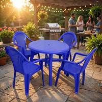 Juego de Comedor de Plástico para Patio, 1 Mesa y 4 Sillas, Sillas con Reposabrazos de Malla Transpirable Azul Brillante, Mesa Redonda, para Restaurante al Aire Libre