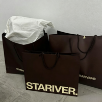 Tas Kertas Seni Cokelat Matte Custom dengan Logo Krem dan Pegangan Tali Kertas Terpilin yang Serasi untuk Kemasan Toko Pakaian Mewah