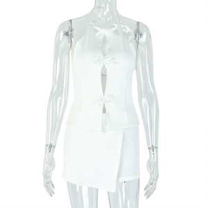 Latest Solid Color <b>Sexy</b> Hollow Out Sleeveless Bodycon Asymmetric Bottom Two Piece <b>Set</b> Women Fashion - Product Image 6