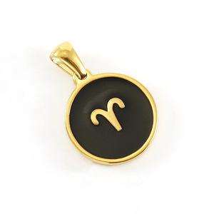 Colgante de esmalte negro con disco redondo de 16 mm y 12 signos del zodiaco |   Acero Inoxidable con Baño de Oro de 18K PVD, Resistente al Agua y Sin Decoloración, para Joyería DIY - Product Image 5