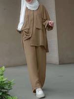 Ensemble femme manches longues Patch patte dissimulée pantalon et chemise deux pièces ensemble femmes musulmanes lâche deux pièces vêtements islamiques
