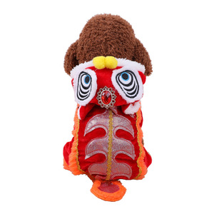 Vêtements pour animaux de compagnie, costume de danse du lion, en polaire rouge corail, pour chien et chat, tenue traditionnelle chinoise pour l'automne et l'hiver - Product Image 4