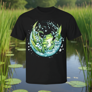 T-shirt graphique pour les amoureux des grenouilles avec motif de fleurs de lys et bulles d'eau pour les événements promotionnels - Product Image 3