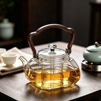 Bouilloire à thé en verre borosilicate transparent avec poignée en bois, infuseur amovible, bec verseur résistant à la chaleur, couvercle, pot de préparation de thé pour la maison