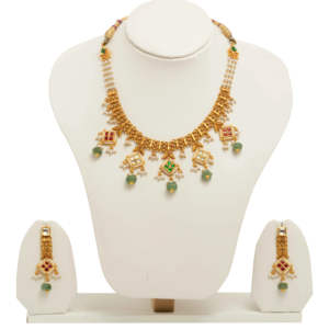 Traditional 22k Kundan Style Necklace Set with <b>Red</b> Green Stones Pearl <b>Beads</b> and Matching Earrings for Wedding Wear - Product Image 3