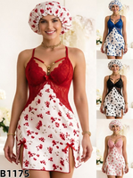 Chemise de nuit en satin rouge à imprimé floral avec dentelle et bonnet de douche, fente latérale, pour femme - B1174