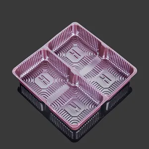 Disposable Plastic square red pet food cake tray with 4 compartments Macaron egg tart boxes container