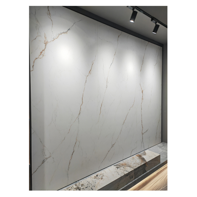Modern Sintered Stone Wall Slab White Glossy Ceramic Tiles Mixed Grey Gold Basement Road Application Artificial Stone Background