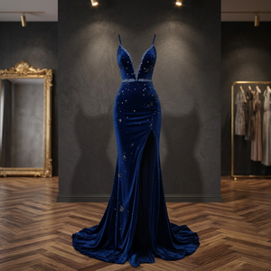 Starlight Navy Deep-Neck Trumpet/Mermaid Prom Dress Velvet Beaded Sequined Rhinestone Decoration Empire <b>Spaghetti</b> <b>Strap</b> Slit - Product Image 3