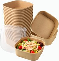 Bol à salade carré en papier kraft biodégradable et écologique, jetable, imperméable, pour emporter, avec couvercle en PP PET