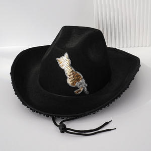 Nouveauté Chapeau à large bord en velours noir pour femmes avec patch chat en paillettes et bordure perlée Toutes saisons Mode de festival - Product Image 2