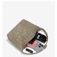 Tas Selempang Wanita Bahan Kulit Suede PU Anyaman dengan Penutup Ritsleting dan Lapisan Poliester yang Luas
