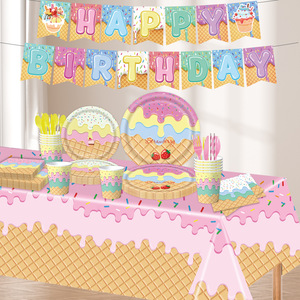 ชุดตกแต่งปาร์ตี้ไอศกรีม DAMAI จานธีมไอศกรีมสำหรับงานวันเกิด จานขนมหวานแบบใช้แล้วทิ้งลายสตรอว์เบอร์รี ผ้าเช็ดปาก ส้อม - Product Image 1