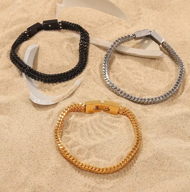 Hip Hop Men Jewelry Gold Plated Double Layer Wheat Band Bracelet Fashion Stainless Steel Keel Chain Bracelet for Men