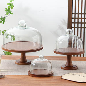 Plateau à gâteau rond haut en bambou avec couvercle en verre, présentoir à <span class=keywords><strong>pâtisserie</strong></span>, présentoir commercial, plateau de présentation de desserts de haute valeur - Product Image 3