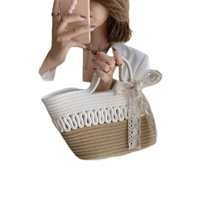 Women's Color Blocking Woven Tote Bag Oval Shape Large Capacity Casual <b>Handbag</b> For Everyday Use <b>Summer</b> Style - Product Image 5