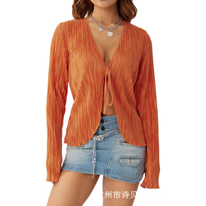 Hot Selling Woven Breathable Polyester Solid Short Casual Lace-Up Pleated <strong>Plisse</strong> Women's Blouse <strong>Tops</strong> Sexy Chic Summer Cardigan - Product Image 5