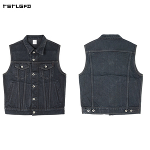 Chaleco de mezclilla cruda Indigo de 21 oz para hombre, con doble bolsillo con solapa, cintura con cierre de botón en V, botones plateados, corte ajustado, estilo camionero clásico - Product Image 4